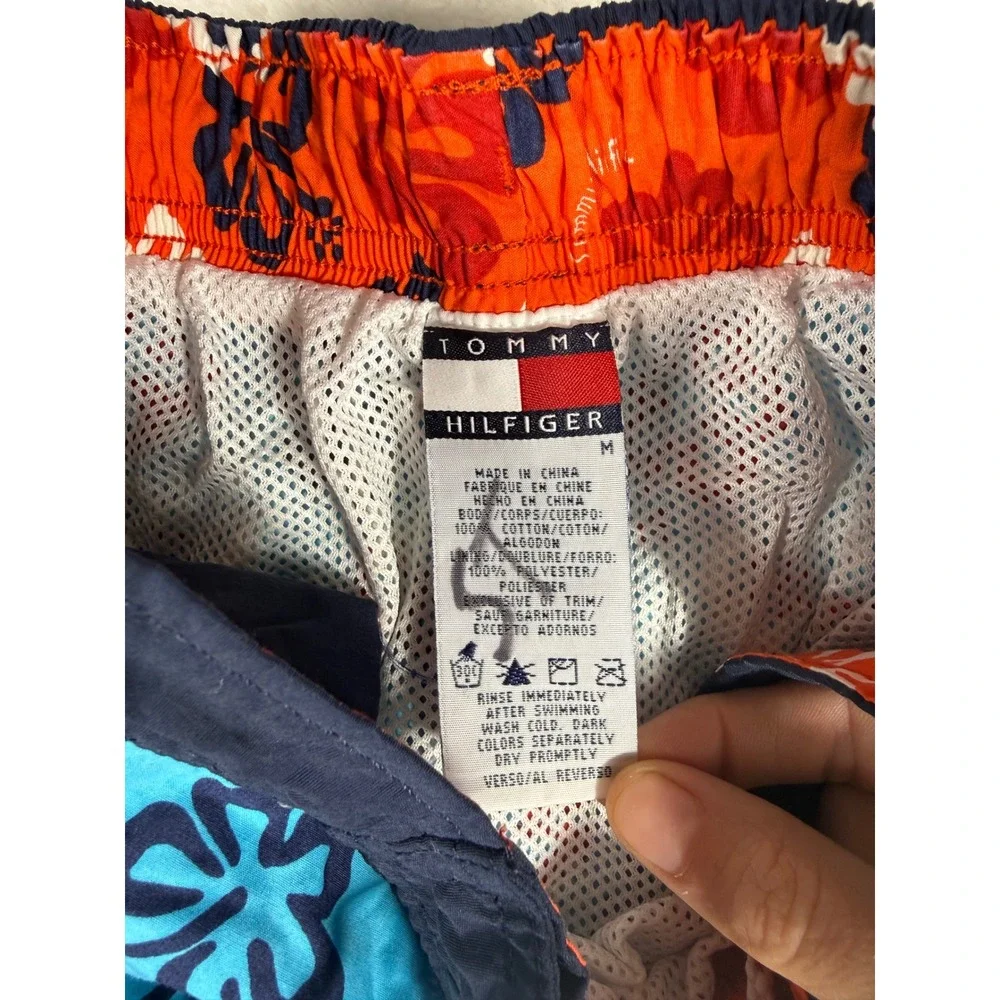 Tommy Hilfiger Swim Trunks Kids M Blue Red Hibiscus Floral Vintage Y2K Beachwear